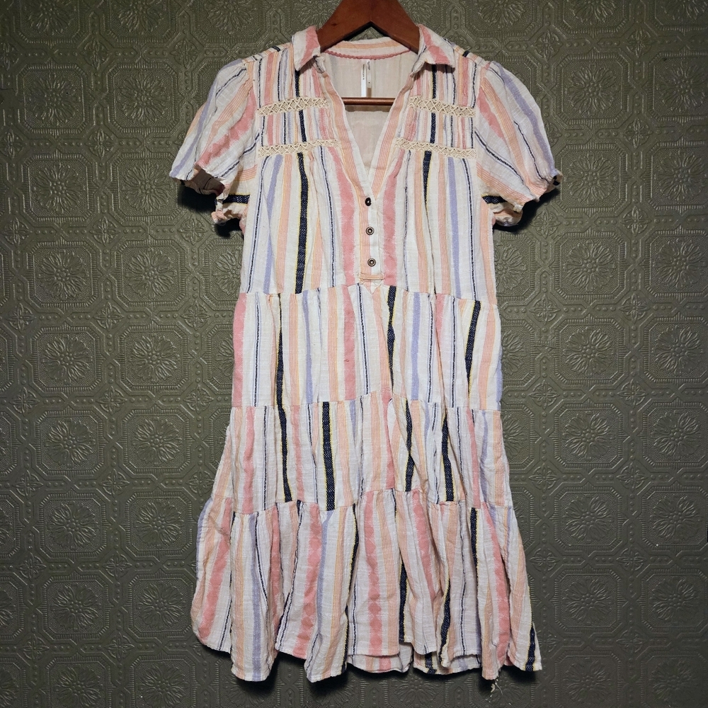 Anthropologie Georgina Tiered Cotton Striped Shirt Dress